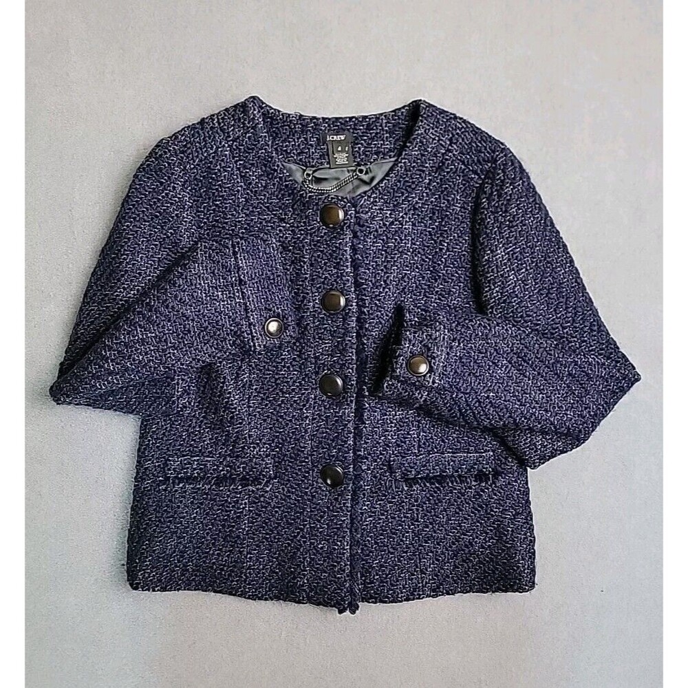 J.Crew Tweed Jacket Women 4 Navy Purple Wool Blend Boucle Lady Blazer 49196‎
